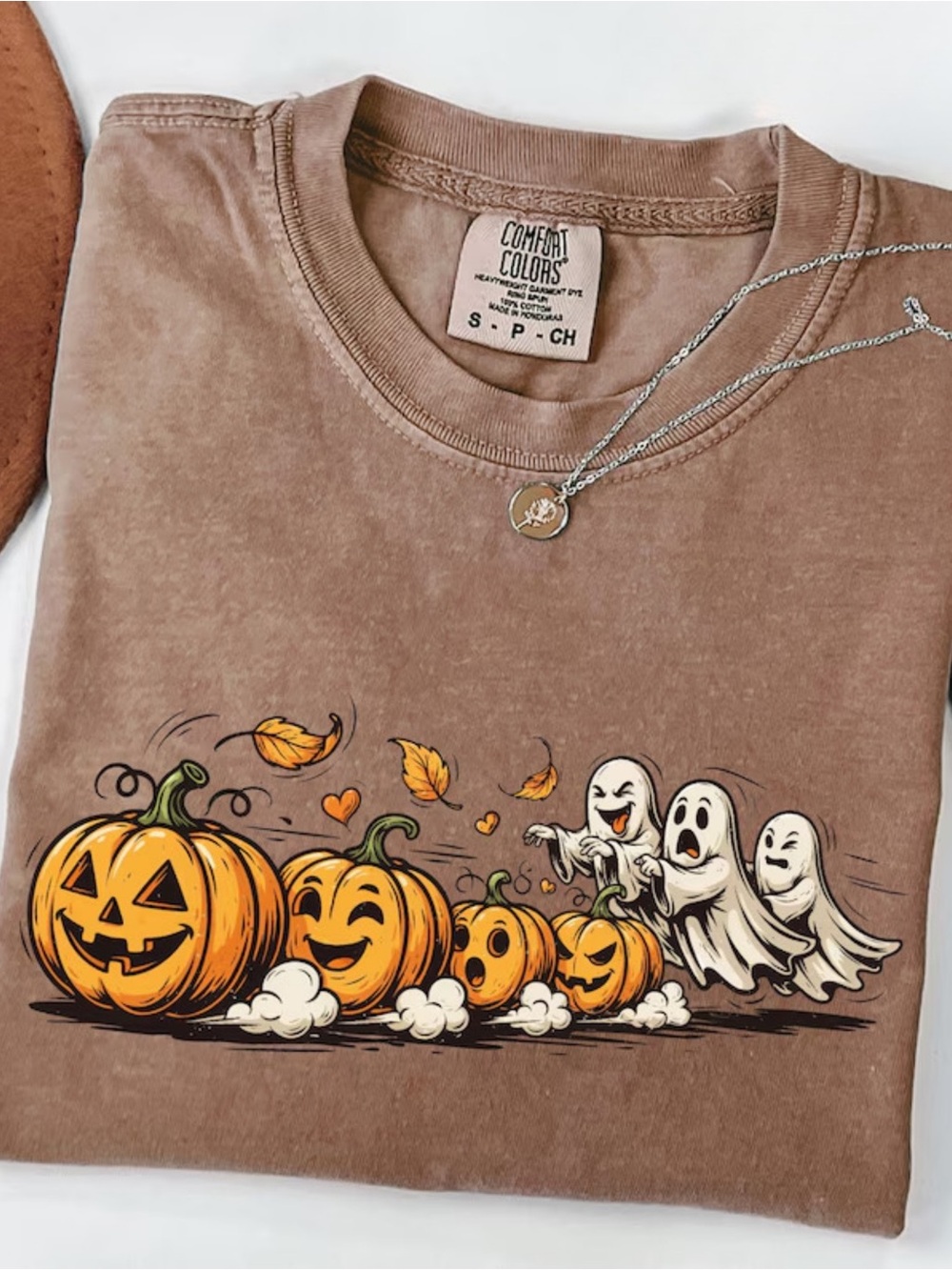 Comfort Colors Brown Tee with Orange Pumpkins and White Ghosts